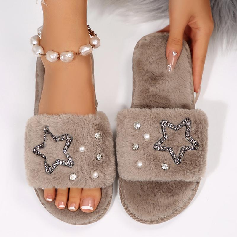 

Fashion Rhinestone Star Fluffy Home Slippers for Women Soft Sole Lightweight Plush Bedroom Slides Woman Non Slip Comfort Floor Slippers 36-37 хаки