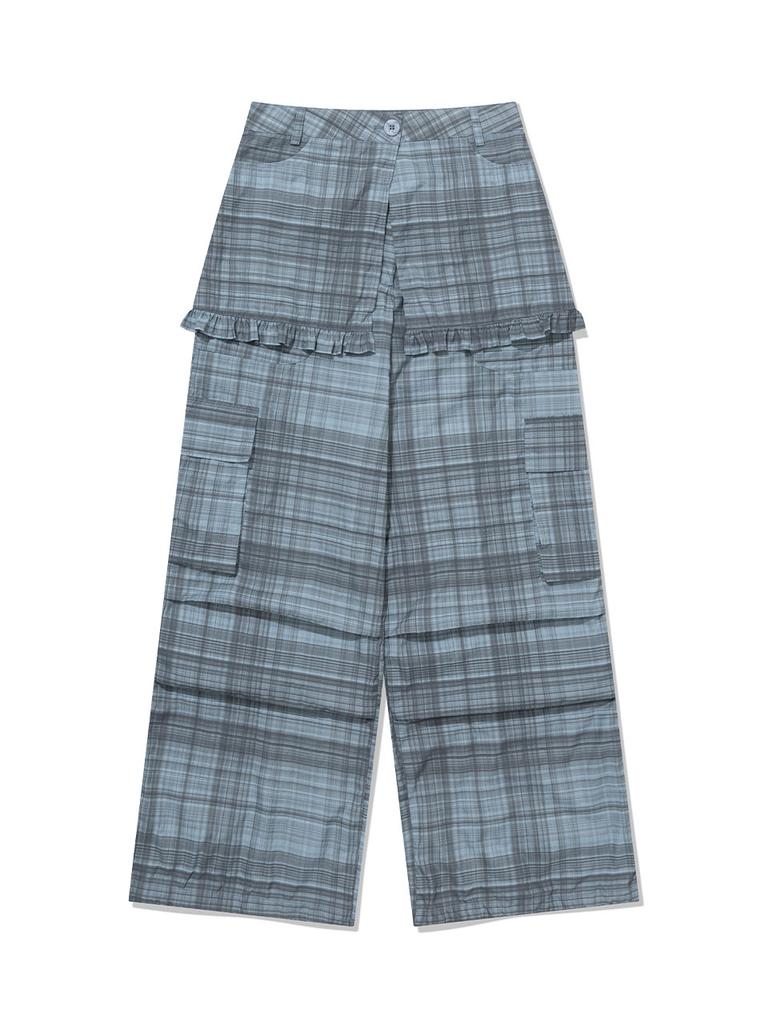 Eogeulliswedou Ruffle Check Skirt Cargo Pants (Blue)