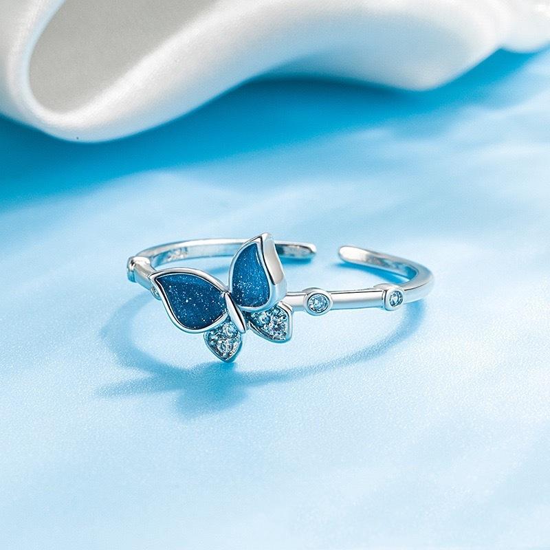 925 Silve Blue Dropwise Glaze Ring for Women Girl Gift Zircon Butterfly Sweet Romantic Jewelry
