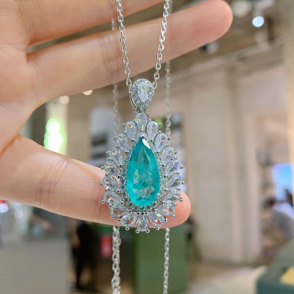 Retro Quadrat Smaragd Anhänger Grenzüberschreitend Paraiba Halskette Schmuck Ring Zubehör Set