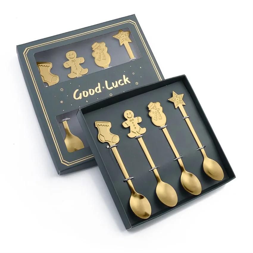 4Pcs Gold/Silver Christmas Coffee Spoons with Gift Box Stainless Steel Gingerbread Man Dessert Spoons Cutlery Spoon Xmas Gift