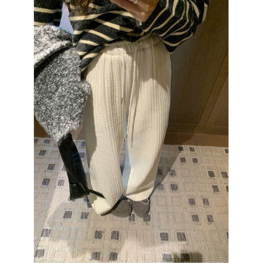 White Quilted Vertical Stripe Wide-Leg Drawstring Pants