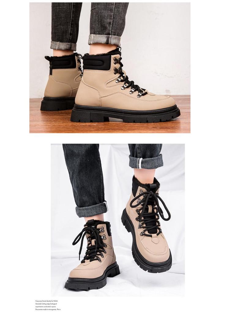 Pánské kožené boty s vysokým svrškem a silnou podrážkou - Zimní ležérní martensky s plyšovou podšívkou