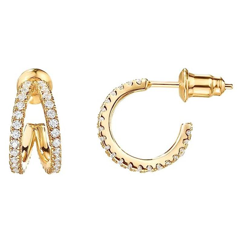 Gold Plated Double Row Paved Cubic Zirconia C Shaped Half Hoop Stud Earrings Women Sparkling Daily Party Jewelry Gift