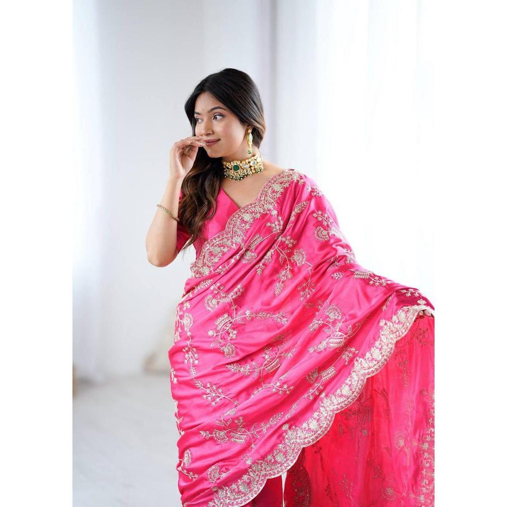 New Launch – Luxury Japan Satin Silk Saree with Coding & Sequins Embroidery Work