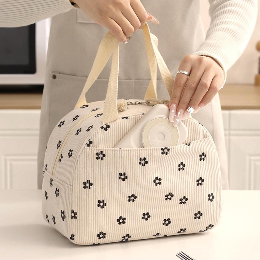 Portable Insulated Lunch Bag with Corduroy Material and Lovely Floral Printing Suitable for Kids Child School Snacks
