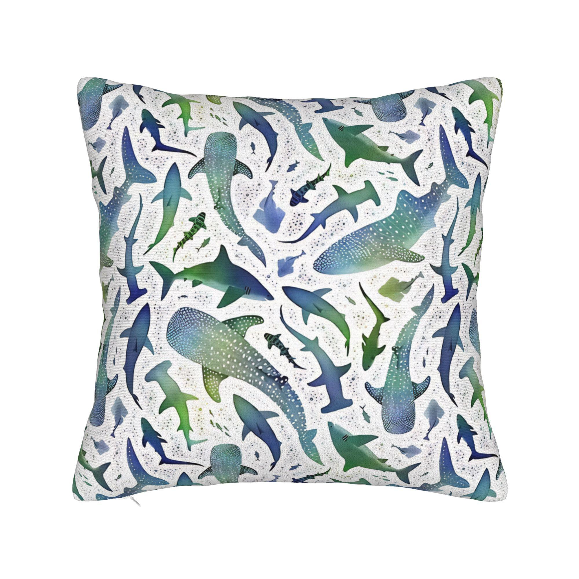 Pillow Case Monochrome Blue Watercolour Shark Ocean On White Design Pillow Cover For Sofa Couch Bed Living Room Pillowcases 30cmx30cm