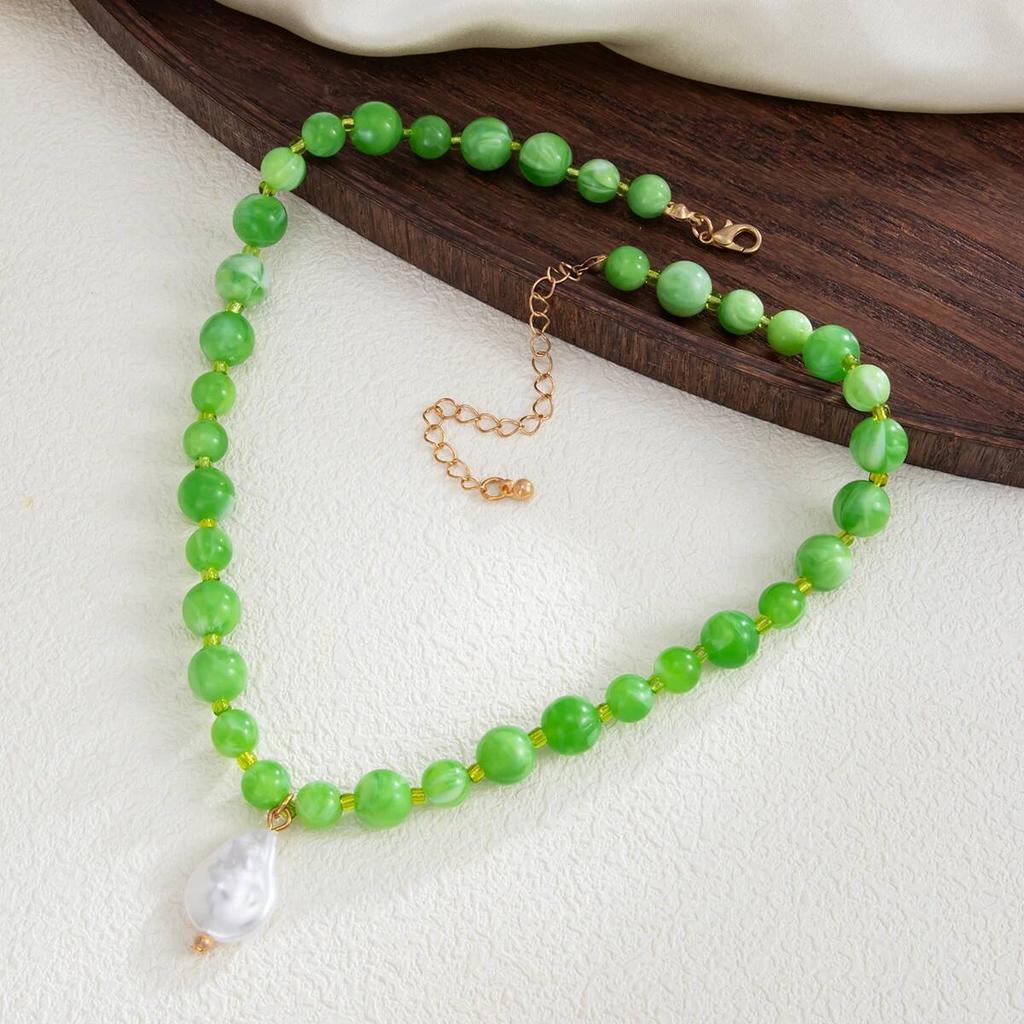 Salircon Exquisite Bohemia Green Glass Beads Choker Necklaces for Women Trendy Imitation Pearl Pendant Neck Accessories Jewelry