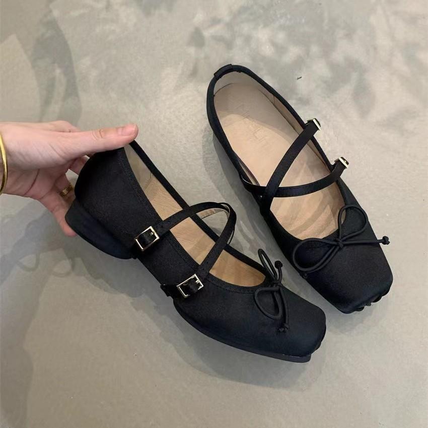 Retro gentle fairy skirt low heel square head bow word belt single shoes women 2025 new ballet style women's shoes