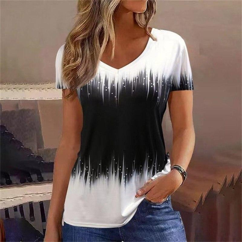 Sommer Damen T-Shirt Personalisiert Zweifarbiger Spleißdruck Wunderschöner V-Ausschnitt Kurzarm Street Trend Damen Gestreiftes T-Shirt
