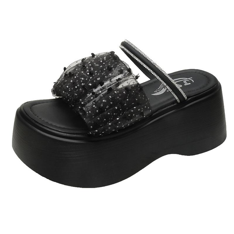 

2025 new thick-bottomed muffin one-word slippers female summer small mesh rhinestone fairy wind Roman cool slippers 39 чёрный