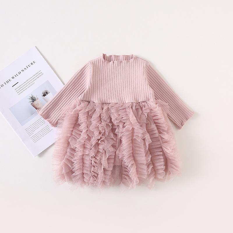 

2025 Spring Girls Korean Knitted Dress with Puffy Tulle Skirt 110cm