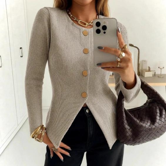 

2025 Autumn European Crew Neck Long Sleeve Single-Breasted Slimming Versatile Top XXL кофейный