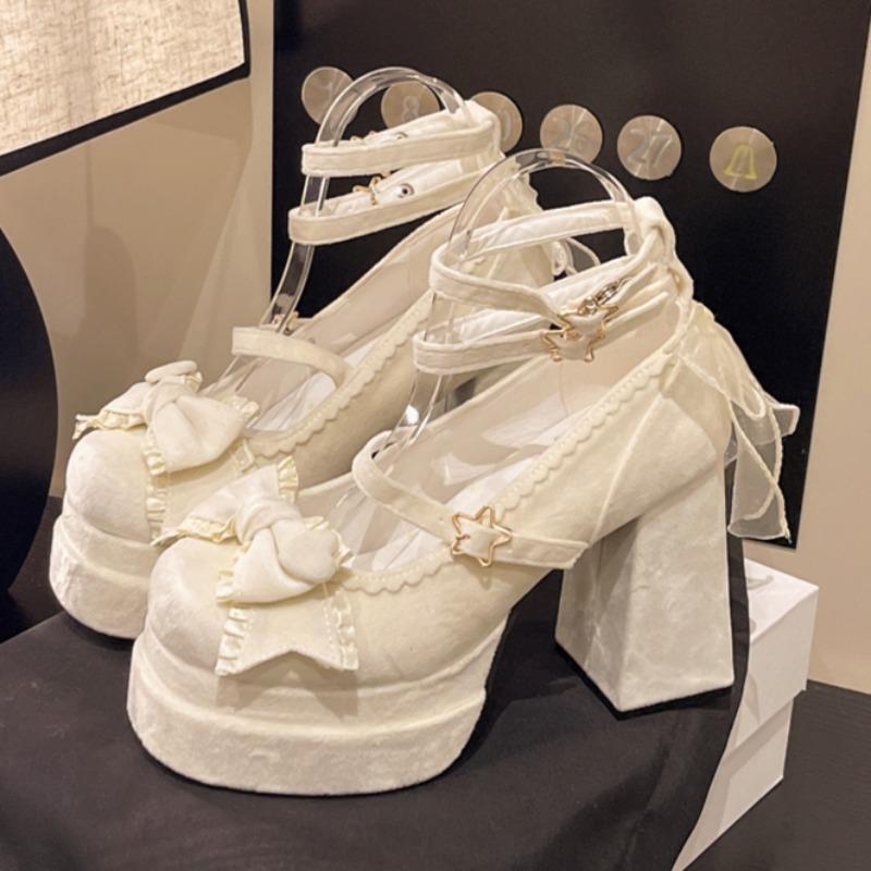 Spring Chunky Single Shoes Women Square Head Shallow Mouth Waterproof Platform Butterfly Knot Non-slip High Heels