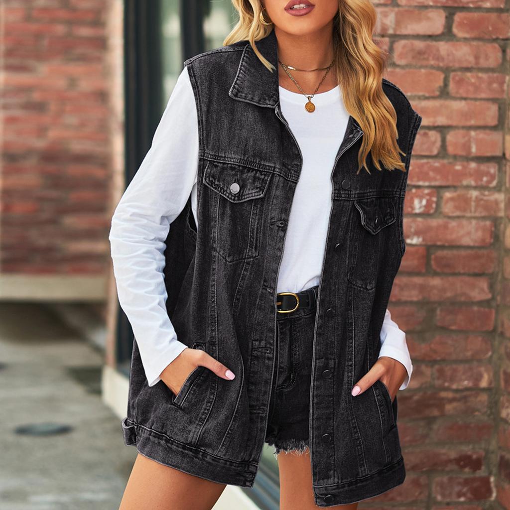 Sleeveless Jacket Vest Vintage Single Breasted Distressed Classic Turn Down Collar Vest with Pockets Jacket Black S