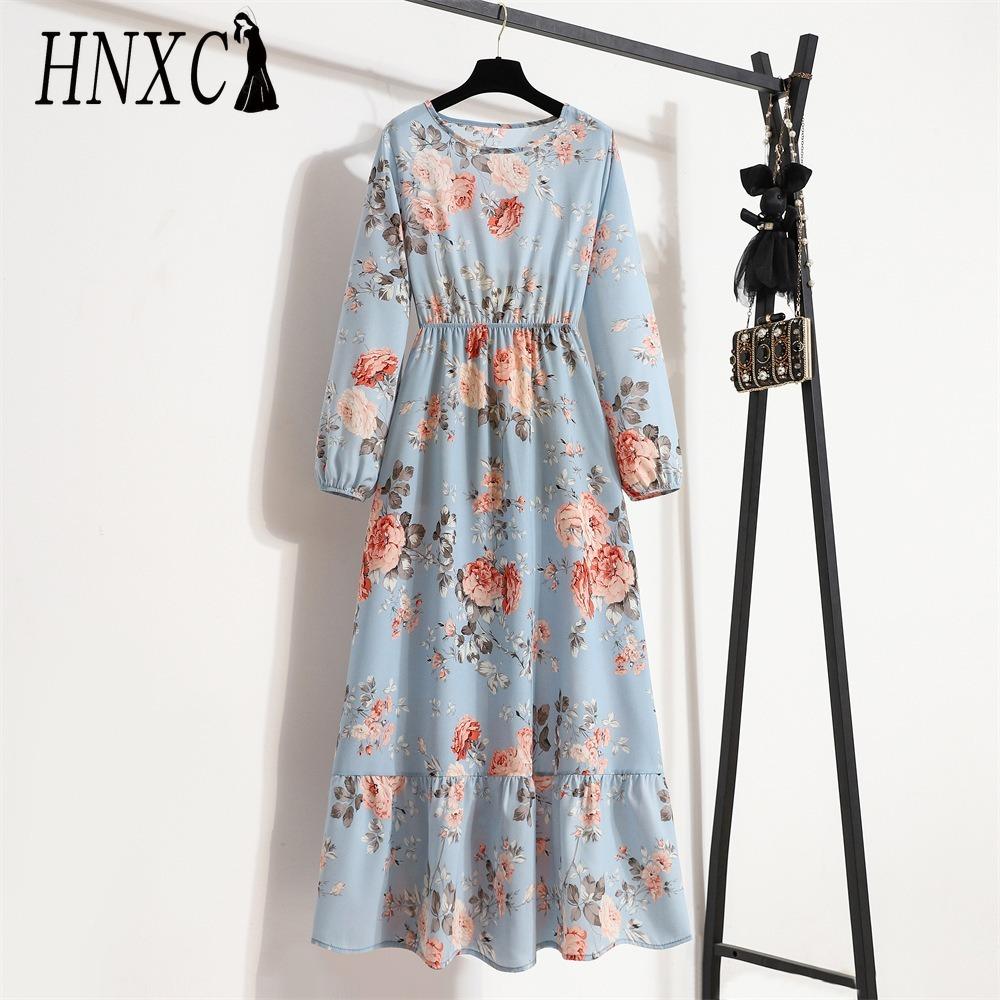 HNXC Spring Summer Bohemian Women Maxi Dress Casual Long Sleeve High Waist Beach Dress Women Floral Chiffon Dresses Vestidoes Mujer New