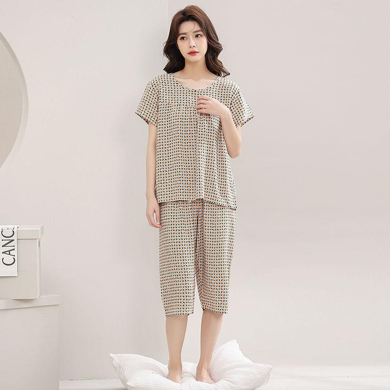 

Женская пижама из хлопка и шелка с коротким рукавом - Летняя одежда для дома для женщин среднего и пожилого возраста, подходит для ношения на улице XL (40-53kg)