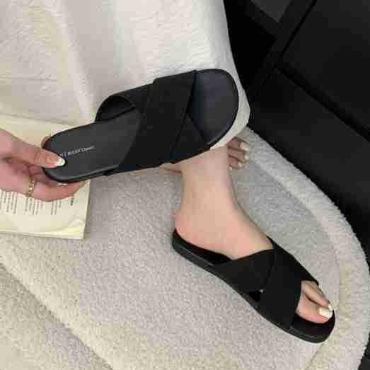 Summer Cloth Flat-Bottomed Slippers Women S Wear Cross-Open-Toe One-Word Slippers Soft-Bottom Casual Sandals Wholesale 35