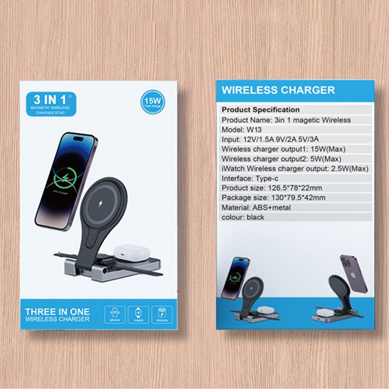 W13 3-in-1 Magnetic Wireless Charger Portable Folding Charging Station for iPhone 12/13/14/15 Series,AirPods,iWatch
