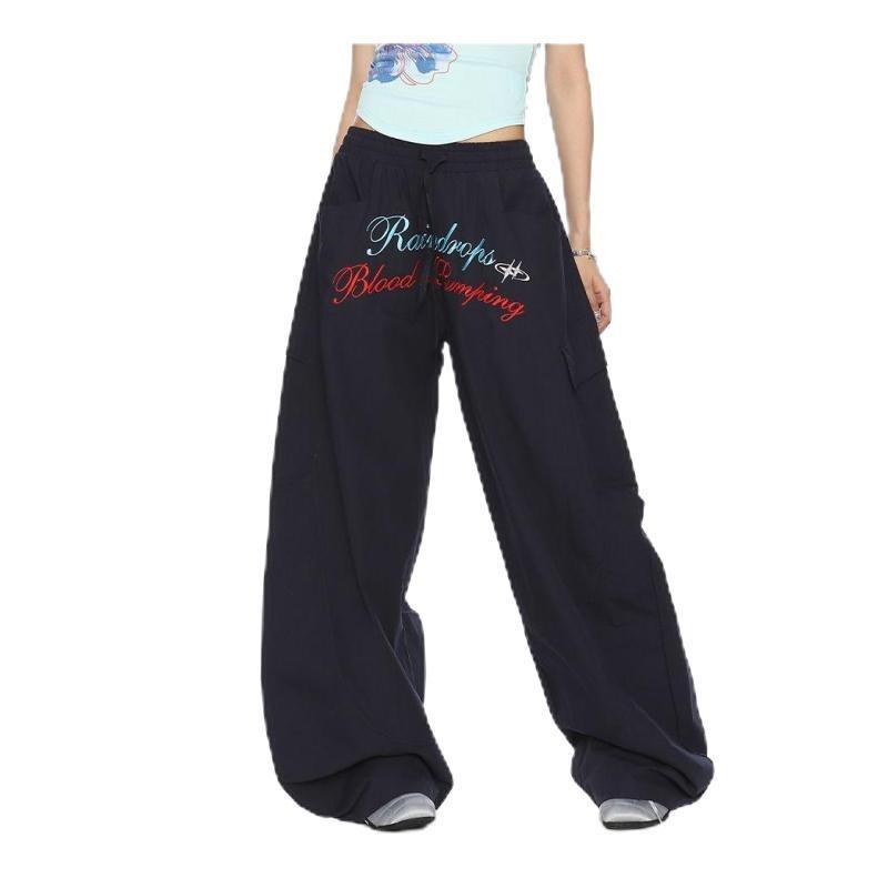 Letter embroidered scimitar paratrooper pants women's and men's summer loose wide-leg casual pants lazy wind quick-drying pants