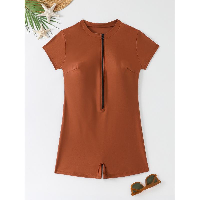 2026 European & American Women's Solid Color Zipper One-Piece Short Sleeve Swimsuit