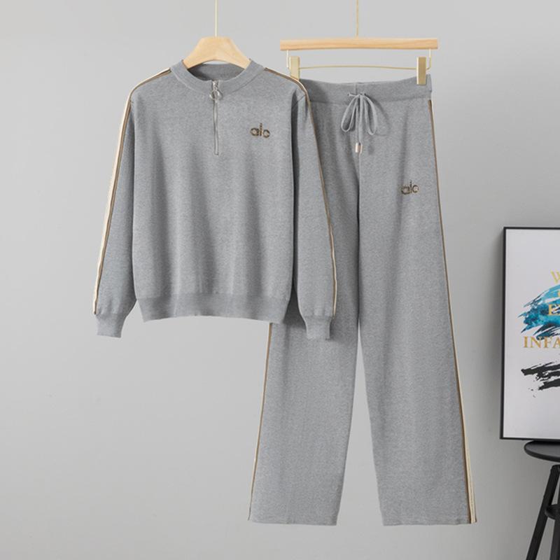 New Casual Long-sleeved Stand-up Collar Cardigan Striped Anti-aging Long Pants Set