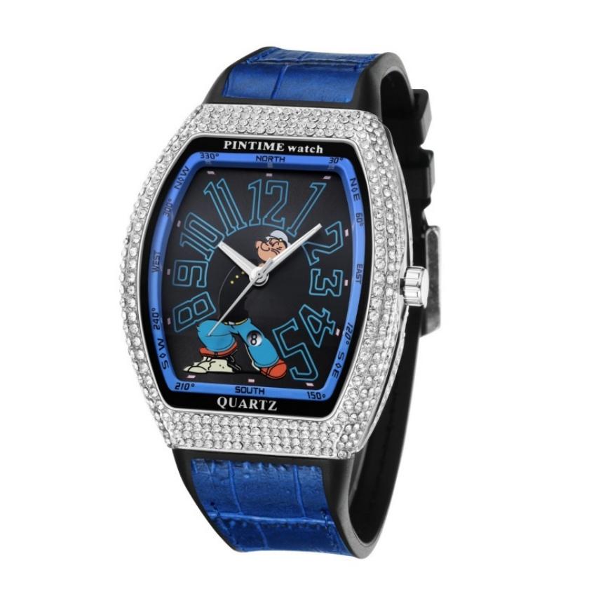 New Iced Out Men's Watch Tonneau Luxury Diamond Hip Hop Quartz Watch Cartoon Sailor Man Creative Fashion Relogio Masculino