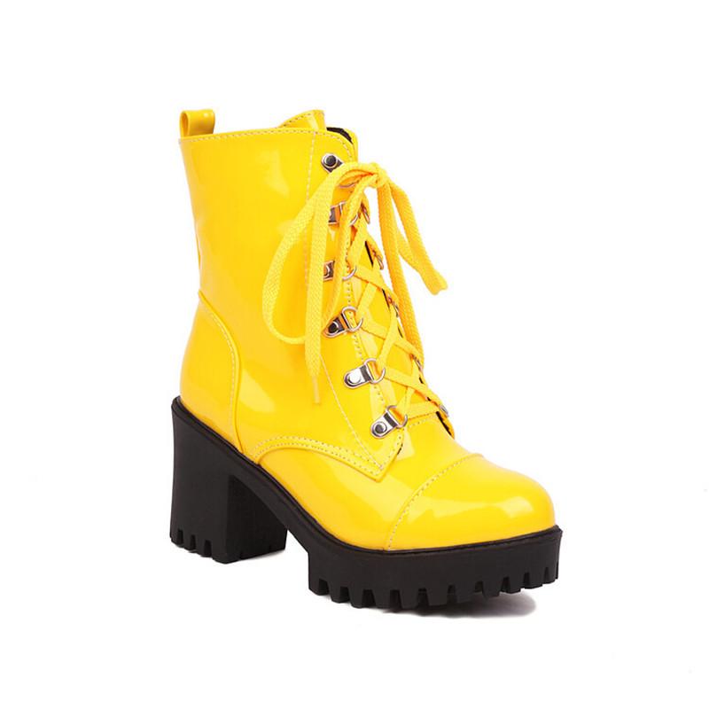 

Женские мотоциклетные ботинки из лакированной кожи, зимние женские ботинки, женские ботильоны на шнуровке и боковой молнии, на высоком каблуке и платформе, зимняя обувь 37