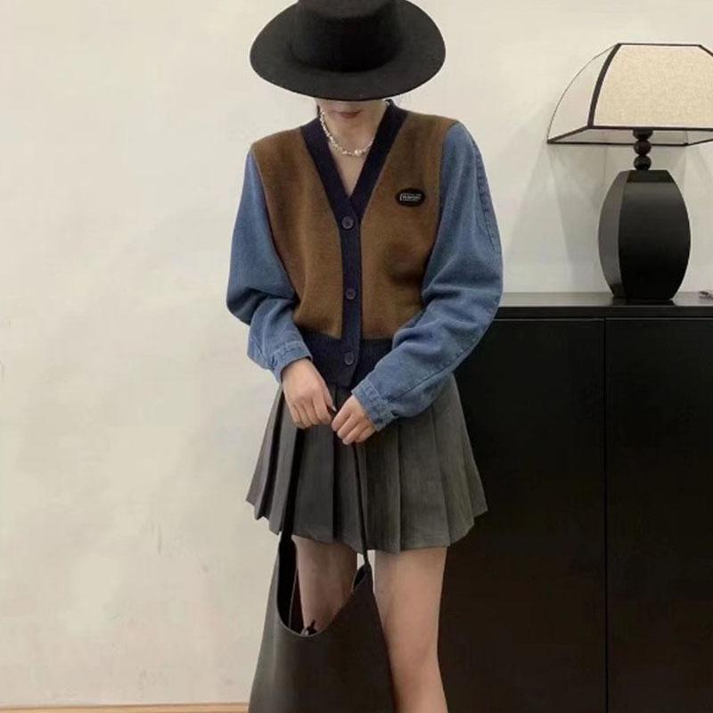 Cardigan Sweater Female New Fashion Loose Casual Top Temperament V-neck Button Panel Denim Sleeve Commuter Knit Sweater Female