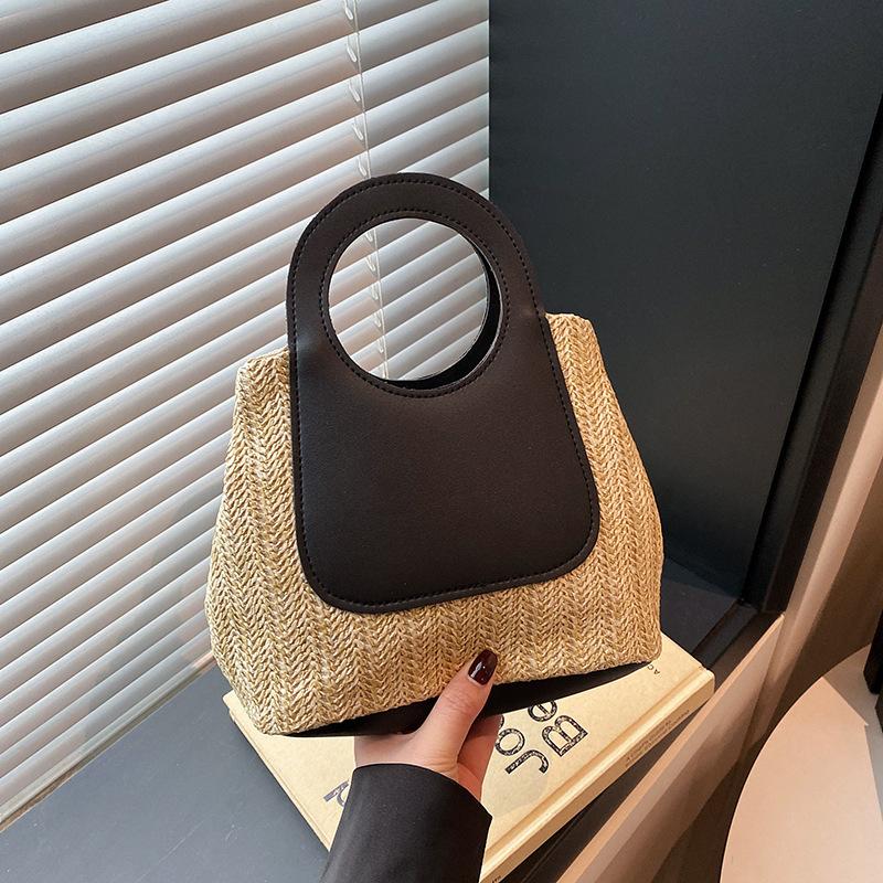 2025 summer retro contrasting color splicing straw bag large capacity hand-woven bag simple and fashionable shoulder handbag