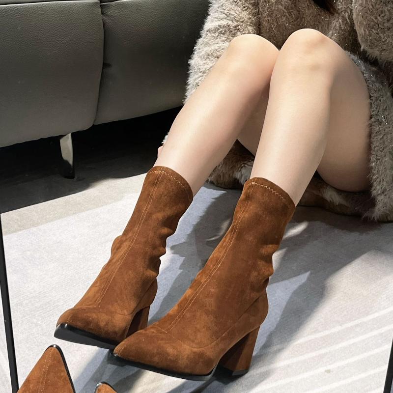 2025 Autumn Winter Women Pointed Toe Stiletto Ankle Boots Mid Heel Chunky Block Heel Elastic Boots Short Tube Bare Boots