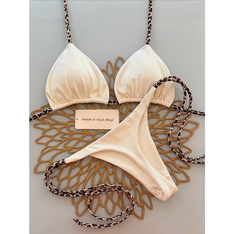 Ladies' Fashionable Leopard Print Bikini Swimsuit - Tie String Triangle Top & Thong Bottom Set, Sexy Beach Vacation Outfit
