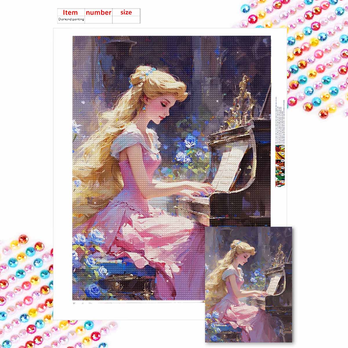 

5D Алмазная мозаика своими руками Прекрасная принцесса играет на пианино Полная выкладка Стразы Мозаичная вышивка Изделия ручной работы Домашний декор Подарок Round 20x30cm