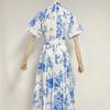 2023 Autumn Stand Collar Puff Sleeve Belted Print Long Dress for Women