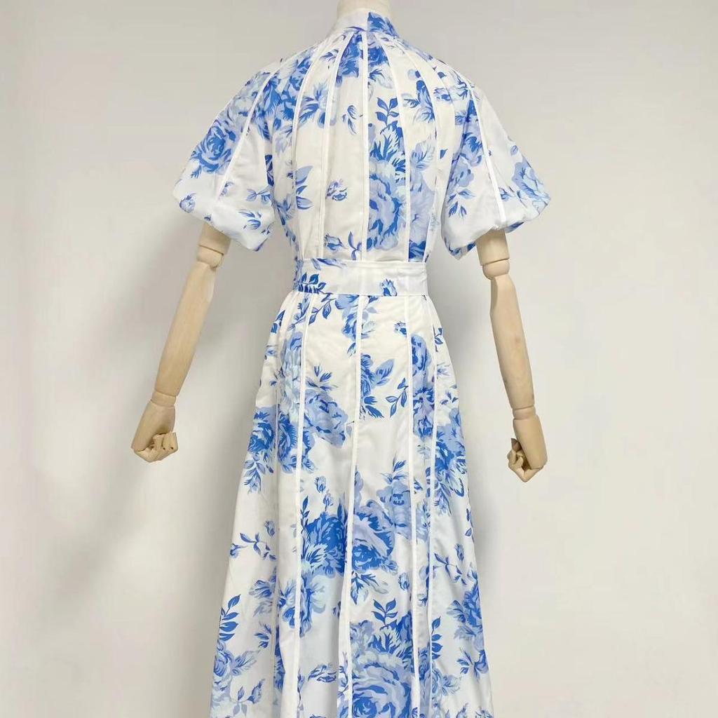 2023 Autumn Stand Collar Puff Sleeve Belted Print Long Dress for Women