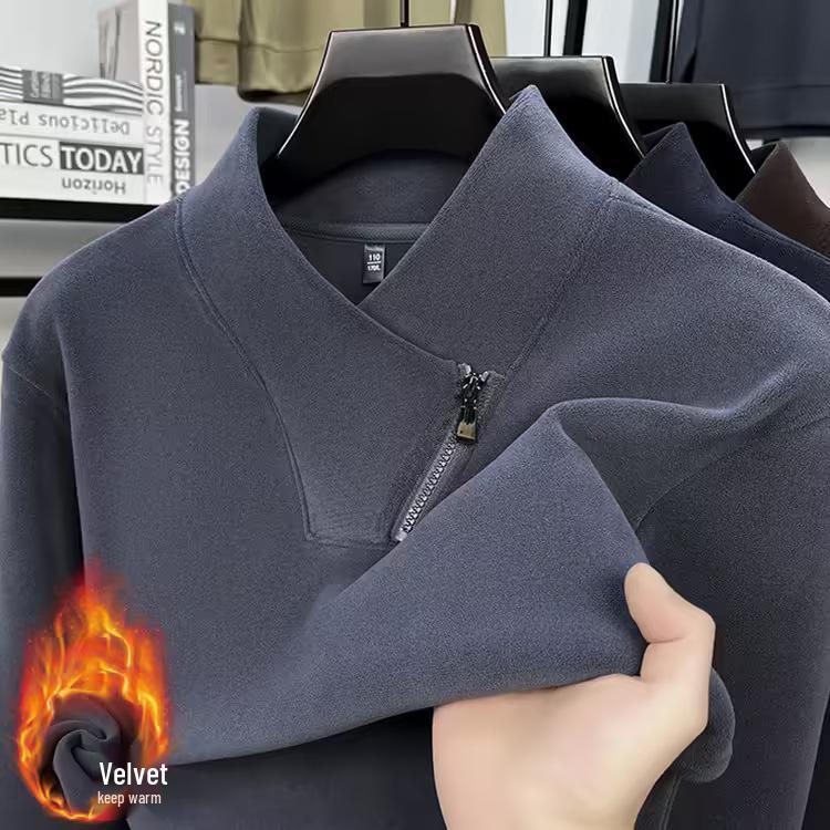 Men s Ouli Fleece Half-Zip Pullover: Velvet-Lined, Solid-Color, Warm Winter Hoodie S