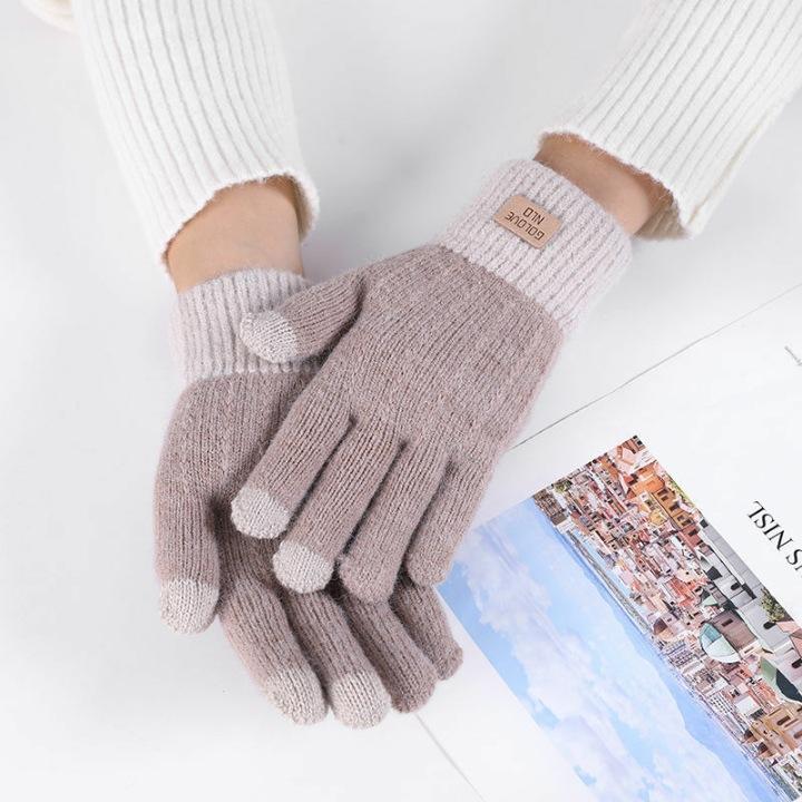 Alpaca Knitted Touch Screen Gloves for Women Autumn and Winter Warm Outdoor Antifreeze Plus Velvet Thickening Korean Version Cute