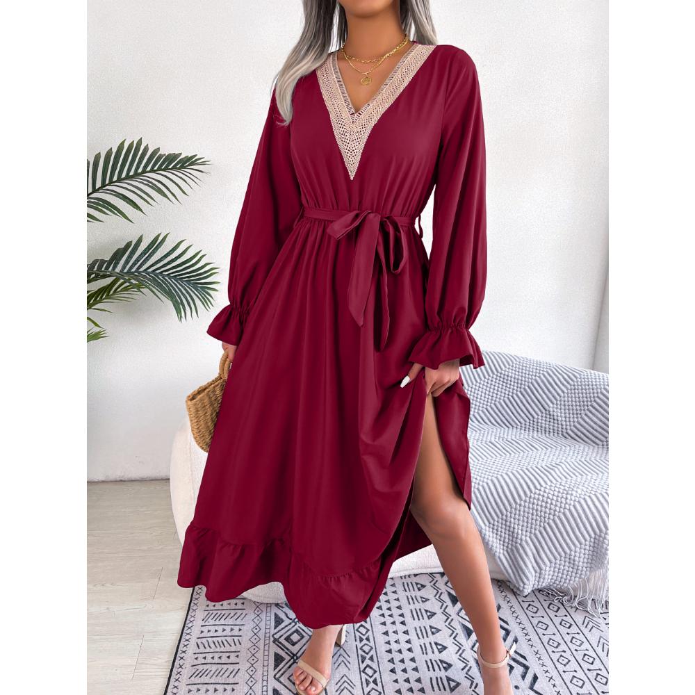 

Весеннее и осеннее женское платье, темперамент, длинная юбка с v-образным вырезом на талии, завязками и оборками XL вино красного