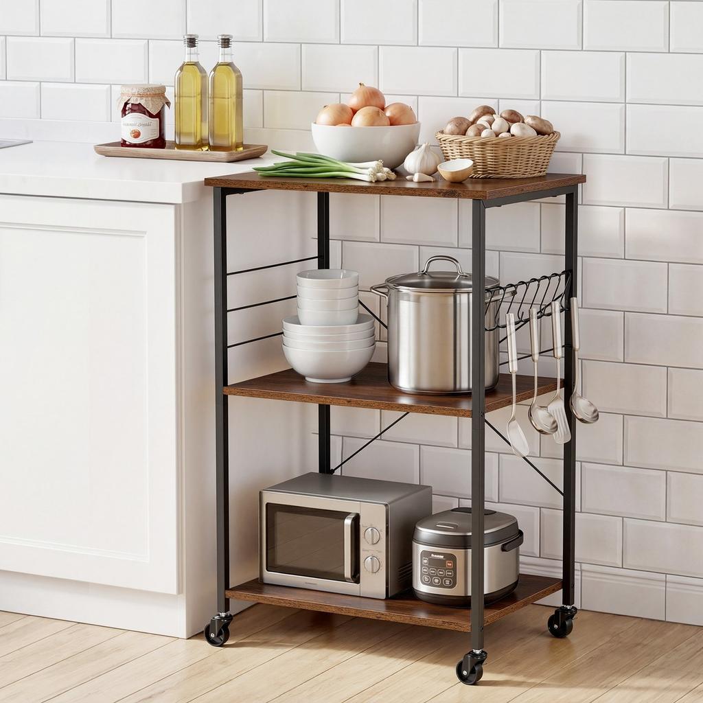 Kitchen Utility Cart, 3 Tier 60 Cm Microwave Stand Coffee Cart, Heavy Duty Storage Rack, Service Trolley On Wheels, Industrial Rolling Work Table with