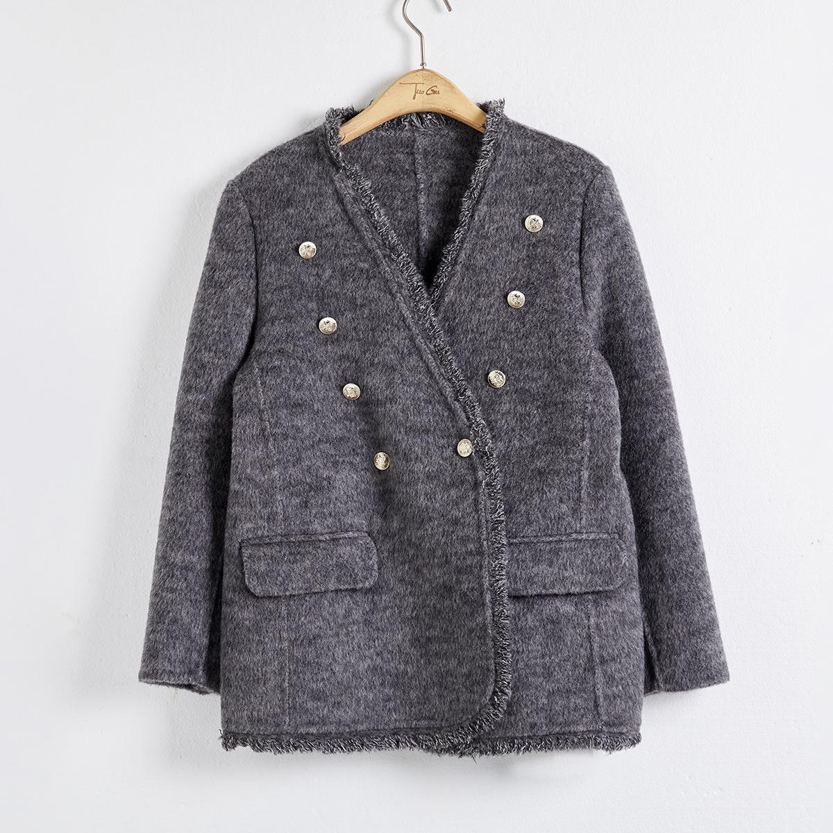 

Пальто из двухсторонней шерсти с V-образным вырезом Lizhiqi - двубортное пальто с бахромой для осени/зимы 2024 (Модель 240774) S (suggested for 40-55 kg) серый