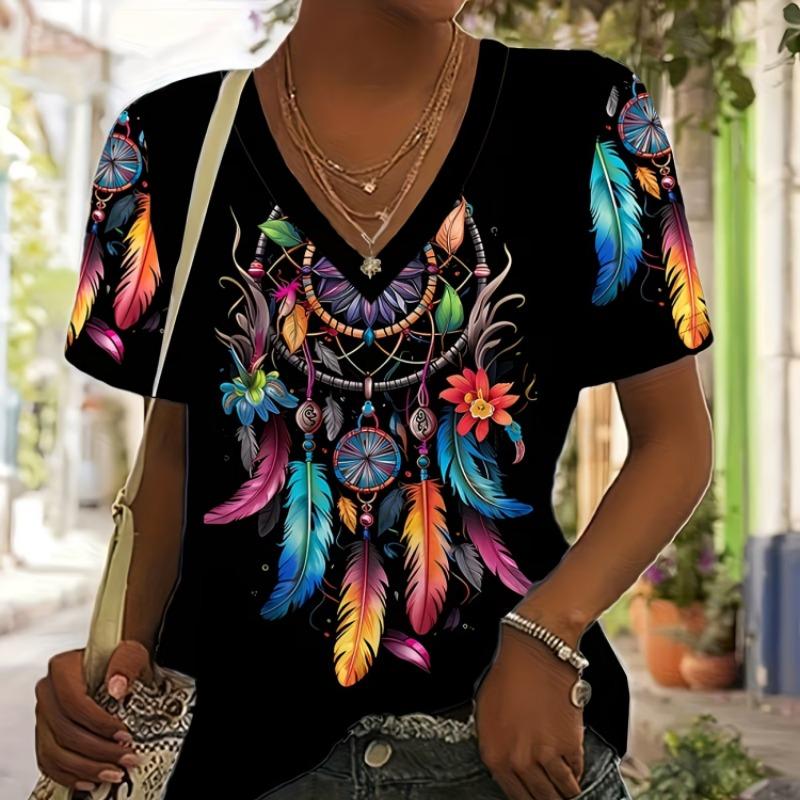 Fashionally Simple and Elegant Vacation Bleached Heart-shaped Graphic V-neck Short-sleeved T-shirt for Casual and Sporty Wear