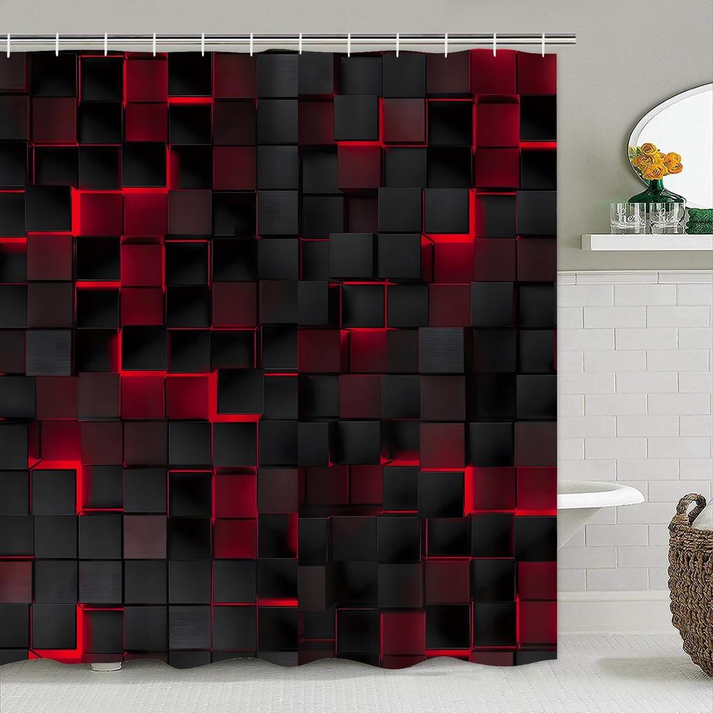 Red Grid 3D Visual Geometry Art Shower Curtains Washable Fabric Polyester For Bathtub Art Bathroom Decor With Hooks Waterproof