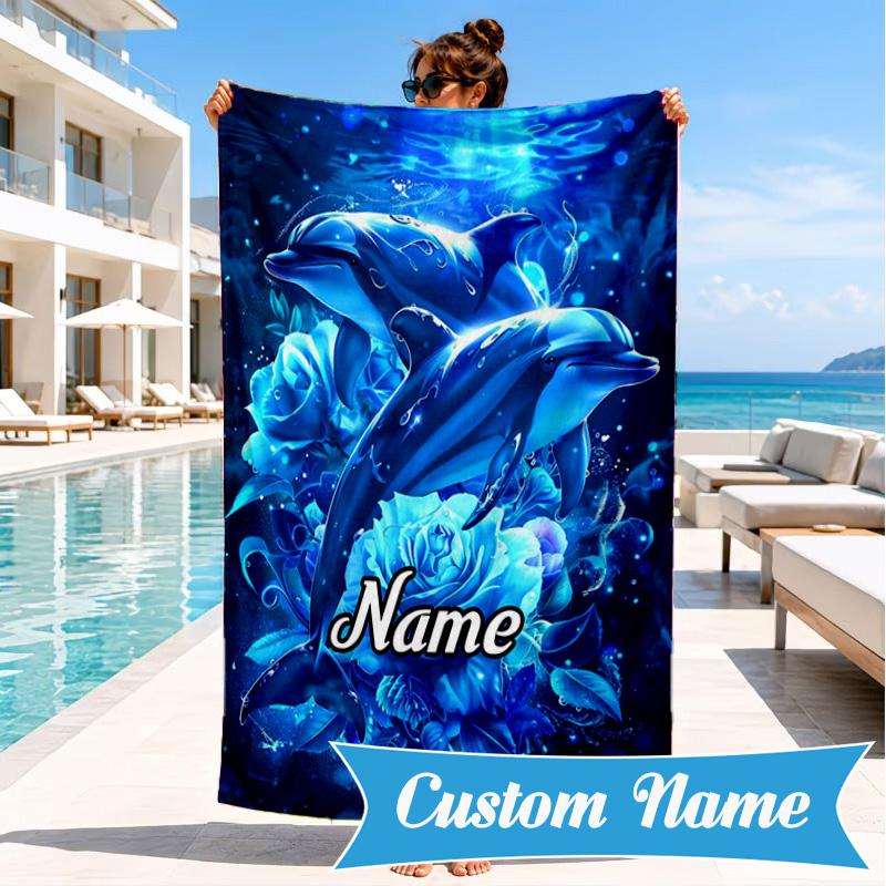 Custom Name Love Dolphins Heart Beach Towel Microfiber Beach Towel, Lightweight and Quick-Dry, for Summer Travel, Swimming Pool Gift