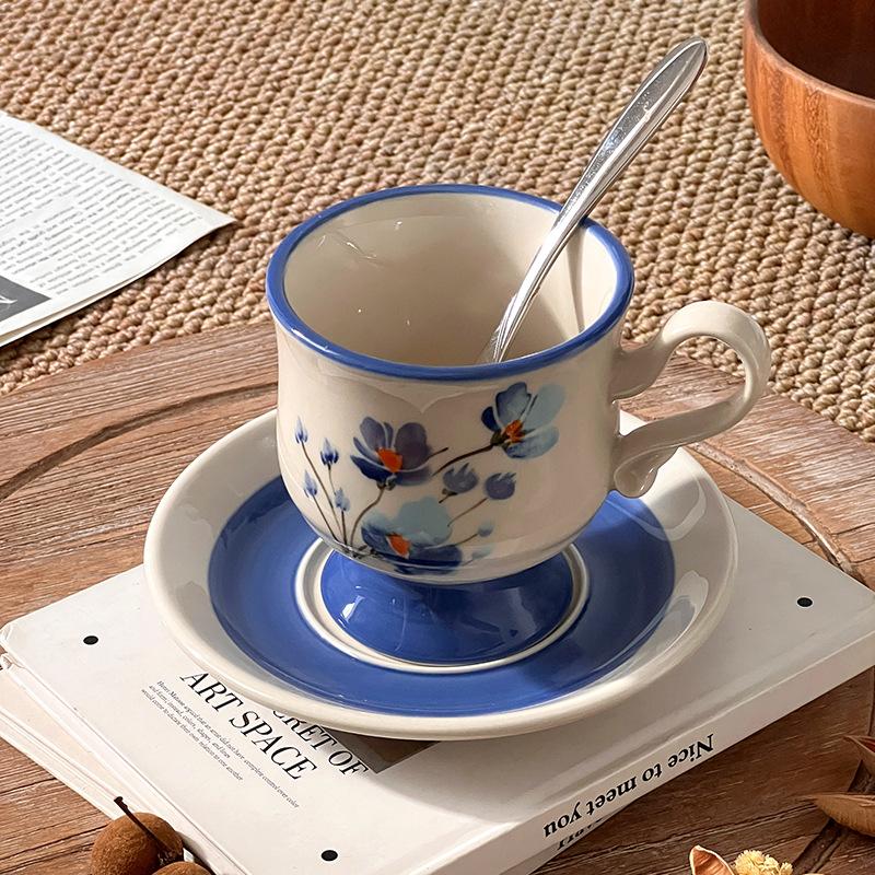 Swedish antique hand-painted blue poppy ceramic coffee cup and saucer set, heavy industry handmade afternoon flower tea water cup