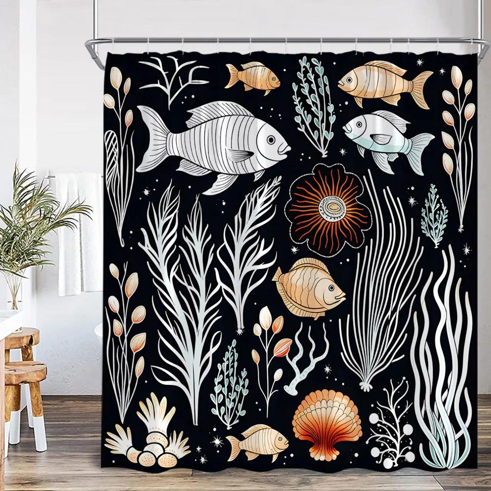 Nautical Cartoon Shower Curtain Tropical Fish Starfish Shell Seaweed Coral Underwater Bathroom Decoration Polyester Bath Curtain