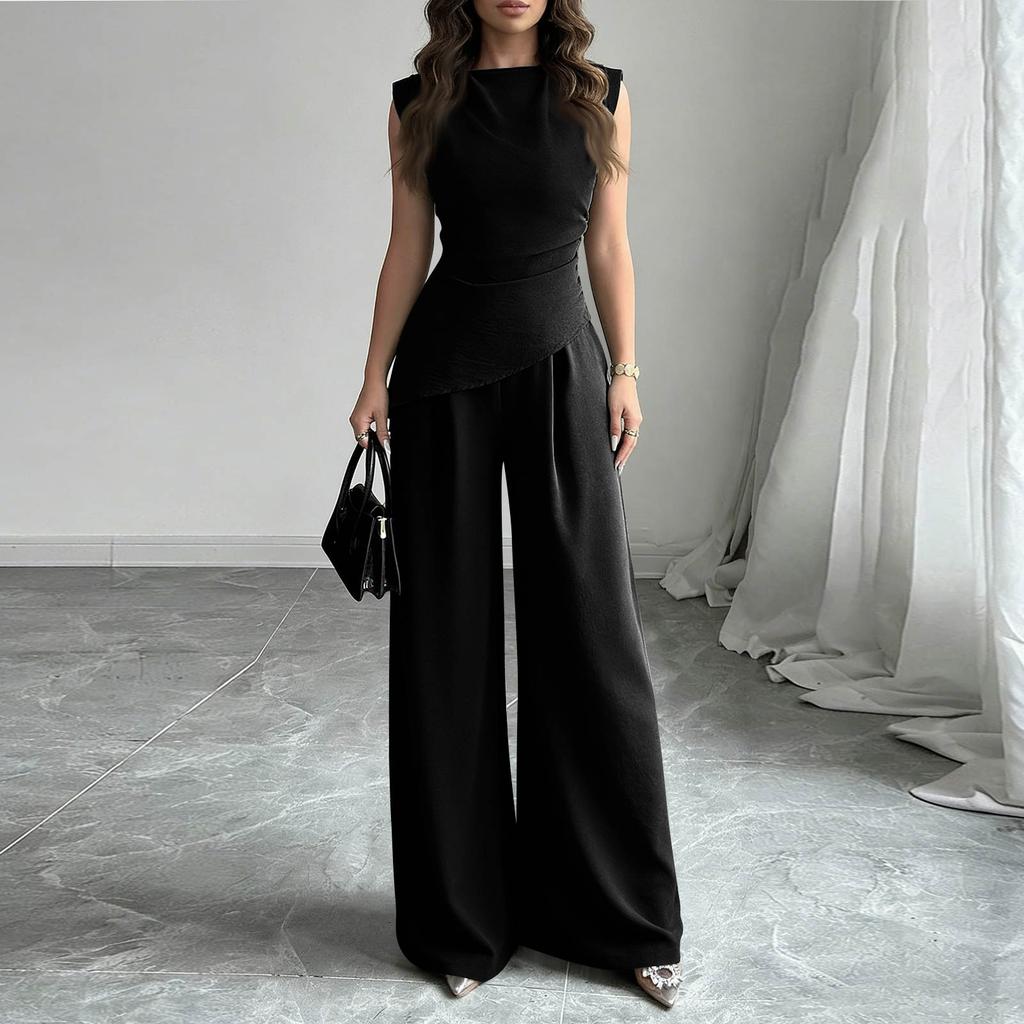Women's 2-Piece Fashionable Casual Sleeveless Asymmetric Top And Wide-Leg Pants Set
