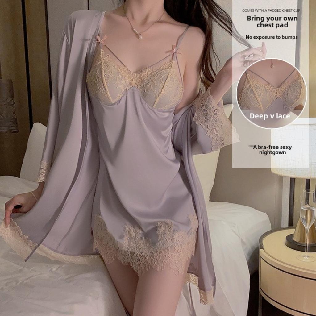 Sexy Plus Chest Pads Gather Nightgown Backless Temptation Pajamas Robe Women's Home Set