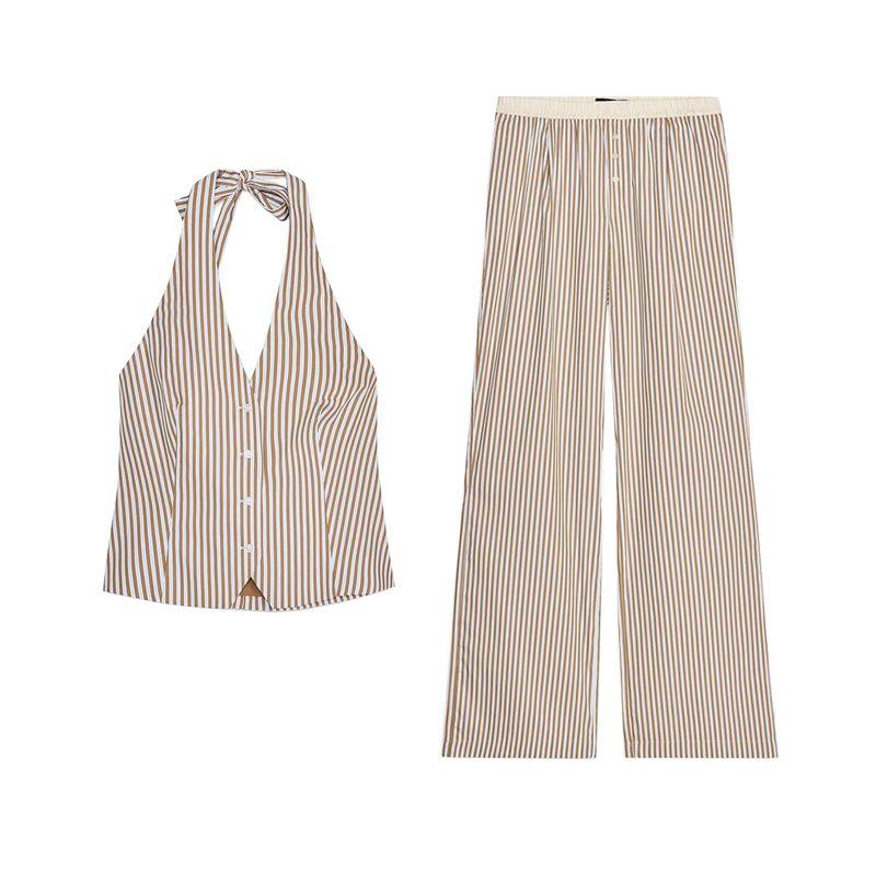 Stripes Hanging Collar Vest Style Tops 2010778 Contrast Color Stripes Pajamas Style Pants 6929413