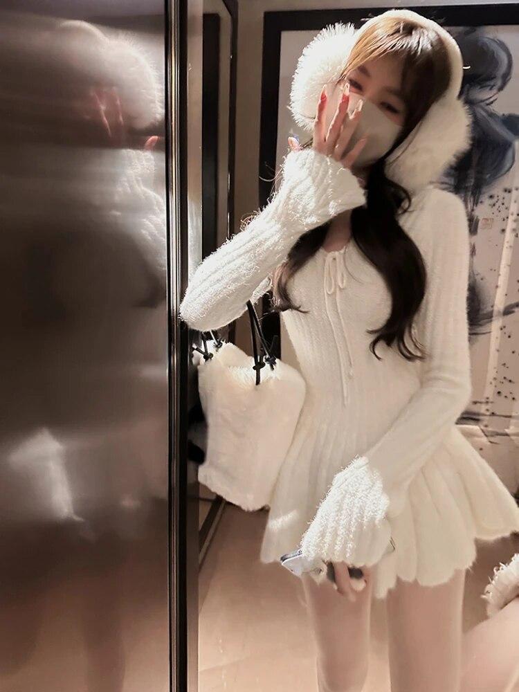 Vinter Koreansk stil Sexig stickad ny klänning i ett stycke kvinnor V-hals Vintage elegant miniklänning Kvinnlig Balklänning Designerkläder 2023