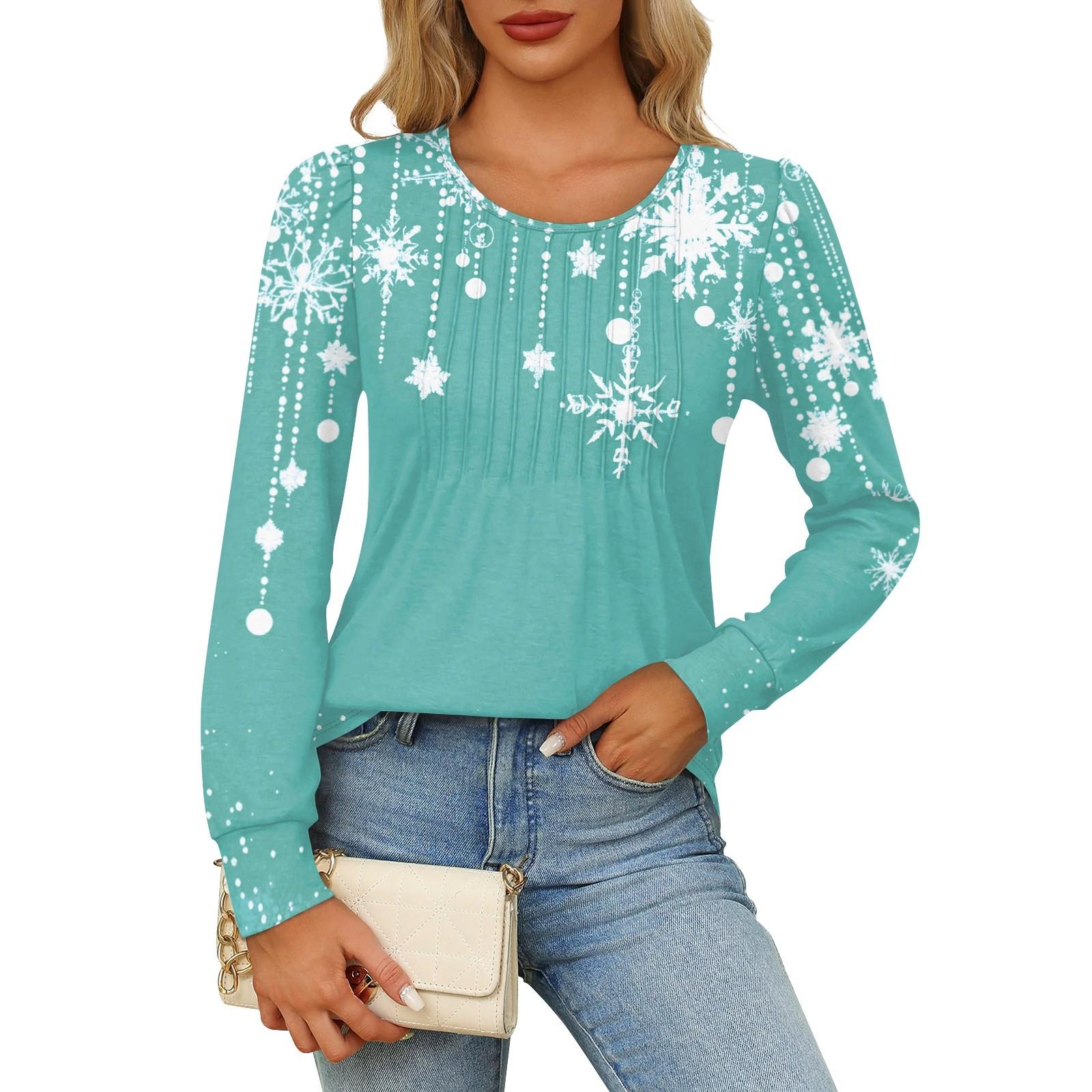 

Рубашки с длинным рукавом для женщин Милые принты Графические футболки Блузки Нарядные повседневные блузки Плиссированные туники с круглым вырезом Топы Рождество L